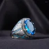 Cluster Rings European And American Diamond Blue Zircon Ring Hyland Gem Retro Men's High Quality Turquoise To Attend The Banquet