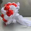 Flores decorativas de pérolas de casamento de flores brancas vermelhas de flor branca com miçangas bouquetes de fita de seda de seda