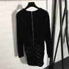 デザイナーレディースベルベットドレス服ファッションセクシーなラップヒップスリムスカートヒョウ柄長袖の黒いドレスレディー2436