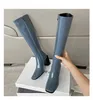 Boots Fashion Ladies White Blue Black Patent Leather Fur In Square Toe Knee High Woman 7 cm Chunky Heels Slim Long Shoes 221110