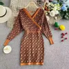 22FF New autumn and winter women's dresses wool knit V neck sexy long sleeve Europe the United States selling large size casual dress3CKT