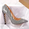 Rontic Handmade Women Pumps Patent Leather Striped Stileetto Hoteded Toe Toe Beautiful Black White Dress Shoes US 5-15