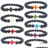 Pierre de lave perlée Bracelets brins perlés Diffuseur d'huiles essentielles noir naturel Bracelet croix élastique Roche volcanique Cordes à la main Juif Dhfse