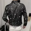 Camisas informales para hombre, primavera 2022, camisa con estampado plateado de estrellas completas, esmoquin Social de diseñador para hombre, ropa ajustada de manga larga para fiesta y club nocturno