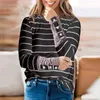 Women's T Shirts Fashion Womens Autumn And Winter Loose Round Neck Long Sleeve Leopard Striped Stitching Side Slit Hem Buttoned Closure