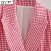 Women's Suits Blazers Zevity Women Vintage Green Pink Houndstooth Plaid Print Blazer Coat Office Ladies Double Breasted Outerwear Chic Slim Tops CT726 221110