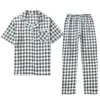 Men's Sleepwear Pajamas Men Pure Cotton Plaid Pijama Women Summer Short Sleeve Long Pants Home Suits Couples Sleep Lounge Nightwear Gifts