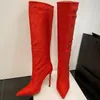 Womens 2022 Winter Fashion Holly Knee Boots Rhinestone Crystal Shoes High Stiletto Heel Sexy Pointed Toe Slip Pull On