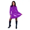 Casual jurken punk jurk glanzende PVC lange mouw ritssluiting voor mini coltruien een lijn massief sakter hoge taille plus size gothic