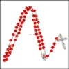 Colares de pingentes Redes de rosas vermelhas colar de rosário Cruz Cross Soft Y Rosários colares longos jóias religiosas para mulheres meninas fa dhkb7