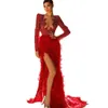 Sexy Red Carpet Mermaid Evening Dresses High Split Prom Dress Simple Elegant Feather Full Sleeve Formal Party Gowns