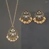 Necklace Earrings Set Ethnic Jwelry Sets For Women Vintage Gold Metal Hollow Water Drop Pendant Flower Carved Pearl Tassel