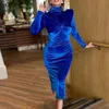 Blaue Abendkleider Robe De Soiree mit langen Ärmeln, Meerjungfrau, Herbst, Stehkragen, Rüschen, Satin, Dubai, Ballkleider 2023, knielang