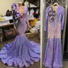 2023 Sparkling Evening Dresses Lilac Lavender Sequins Mermaid Prom Dress Sexy V Neck Ruffles Party Gowns Long sleeves Shiny lace Robe De Soiree Vestido