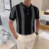 Men's Polos Men Summer Knitted Polo Shirt High Quality Fashion Stripe Hit Color Short Sleeve Lapel Slim Breathable Tee