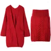 Frauen Strick Herbst Winter 2022 Pullover Sets Twist Dicke Mittellange Strickjacke Stretch Taille Mini Rock Rot Gestrickte Plus größe Anzüge