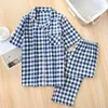 Men's Sleepwear Pajamas Men Pure Cotton Plaid Pijama Women Summer Short Sleeve Long Pants Home Suits Couples Sleep Lounge Nightwear Gifts