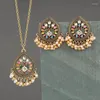 Necklace Earrings Set Ethnic Jwelry Sets For Women Vintage Gold Metal Hollow Water Drop Pendant Flower Carved Pearl Tassel