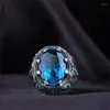 Cluster Rings European And American Diamond Blue Zircon Ring Hyland Gem Retro Men's High Quality Turquoise To Attend The Banquet