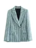 Ternos femininos blazers blingblingee primavera mulheres traf jaqueta ornamentado botão tweed casacos de lã feminino casual grosso verde azul outerwear 221110