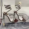 Rene caovilla Margo Heels Sandals Rhinestone embellished Snake stiletto Heel sandals Women's Luxury Designers Ankle Wraparound shoe factory footwear 95mm With box