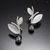 Necklace Earrings Set Exquisite Tree Leaves White/Grey Pearl Jewelry Fashion Matte Gray-Silver Color Stud Bijoux