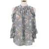 Kvinnors blusar 2022 Summer Ol Chiffon Shirts Women Off Shoulder Pullovers Floral Loose Tops Kort ärmar