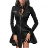 Designer Women Sexy Dresses Long Sleeve V-neck Zip PU Pocket Dress One Piece Skirt Plus Size 3xl 4xl 5xl