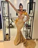 아랍어 ASO EBI Mermaid Gold Prom Dresses 2023 구슬 크리스탈 깃털 이브닝 공식 파티 두 번째 리셉션 생일 약혼 가운 드레스