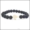 Pierre de lave perlée Bracelets brins perlés Diffuseur d'huiles essentielles noir naturel Bracelet croix élastique Roche volcanique Cordes à la main Juif Dhfse