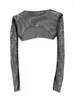 Женские футболки T-2K красочные бриллианты сетки сквозь футболки блестящие стразы Мода Столк с твердым о-шея с длинным рукавом