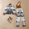 Women's Two Piece Pants Aw fashion suit lapel long sleeve ink print jacket jacket and trousers casual two-piece set