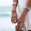 Ringos de cluster ji84fh Bohemian Tribal Turquoise Packable Conjunto Hippie de 9 peças Cacto cacto cacto Midi Jewelry Beach