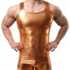 Herentanktops mannen sexy solide kleur mouwloze laag uitgesneden faux lederen slanke vest gym top shirt zwart prestatiekostuum