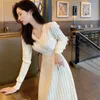 Casual jurken vrouwen kleding gebreide elegante midi lange mouw a-line eenvoudige witte zwarte lente herfst wintervestidos 2022