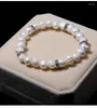 Strand 8-9mm Elegant Wedding Party Gift Irregular Baroque White Natural Freshwater Pearl Bracelet Rhinestone Charm Elastic Bangle Women