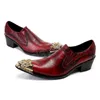 Fashion Golden Metal Toe Geothe Le cuir robe Shoes Men Handmade Men's Wine Red Party and Wedding Chaussures