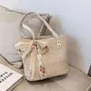 Borse da sera Borsa di paglia Borsa da donna intrecciata a mano Fiocco in pizzo Rattan Grande capacità Coulisse Shopping casual Spalla da spiaggia Borsa a tracolla Summ