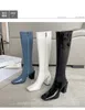 Boots Fashion Ladies White Blue Black Patent Leather Fur In Square Toe Knee High Woman 7 cm Chunky Heels Slim Long Shoes 221110