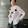 Dames blouses temperament wit all-match mode 3d bloemen casual shirt 2022 herfst down collar collar lange mouw kantoor dame katoen katoen