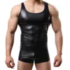 Herren Tanktops Männer sexy feste Farbhülsen und niedrig geschnittenes Kunstleder Schlanker Weste Fitnessstudio Top Shirt Schwarzes Performance Kostüm