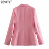 Women's Suits Blazers Zevity Women Vintage Green Pink Houndstooth Plaid Print Blazer Coat Office Ladies Double Breasted Outerwear Chic Slim Tops CT726 221110