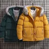 Heren down winter met katoen met katoen gekleurd man kleren hong kong-stijl capuchon plus bont kraagjack paar studenten losse mode casual warme jas