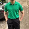 Herrpolos 2022 Summer Plaid Sticked Polo Shirts Men Short Sleeve V-Neck Lapel Tee Tops Elasticity Slim Casual Business Social