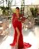 Sexy Red Carpet Mermaid Evening Dresses High Split Prom Dress Simple Elegant Feather Full Sleeve Formal Party Gowns