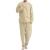 Vêtements de nuit pour hommes Ensemble de pyjama deux pièces décontracté pour hommes Couleur unie Pull à col en V à manches longues et pantalon à taille élastique Homewear