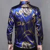 Men's Casual Shirts Plus Size Blouse Mens Silk Printed Long Sleeve Blue Flowers Fashion 2022 Gentlemen Clothing Club
