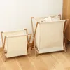 Home Storage Baskets Bamboo Wooden Frame Folding Dirty Clothes Baskets Fabric House Clothing Organization Box Multi-Purpose Simple Laundry Basket