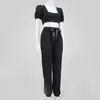 Women's Tracksuits Square Collar Puff Sleeve Slim Short Top Lace Up Pants Two Piece Suit Women Summer 2 Set Casual Solid Tracksuit Outfit