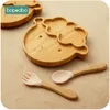 Koppar rätter redskap 1set baby matning skål middag tallrik tecknad får bambu barn servis med silikon sugkopp trägaffel 221109